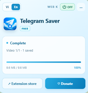 Telegram Saver 1.0.0 HUD showing a completed video download